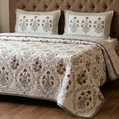 Brown Floral Handblock Printed Reversible Quilted Bedcover