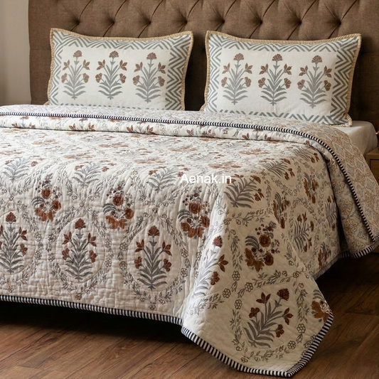 Brown Floral Handblock Reversible Quilted Bedcover Set