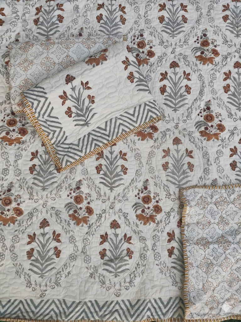 Brown Floral Handblock Printed Reversible Quilted Bedcover