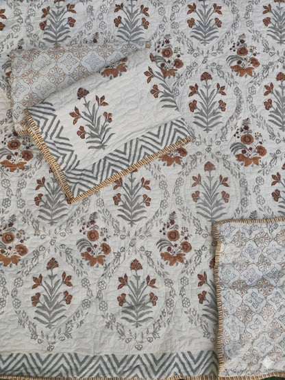 Brown Floral Handblock Printed Reversible Quilted Bedcover