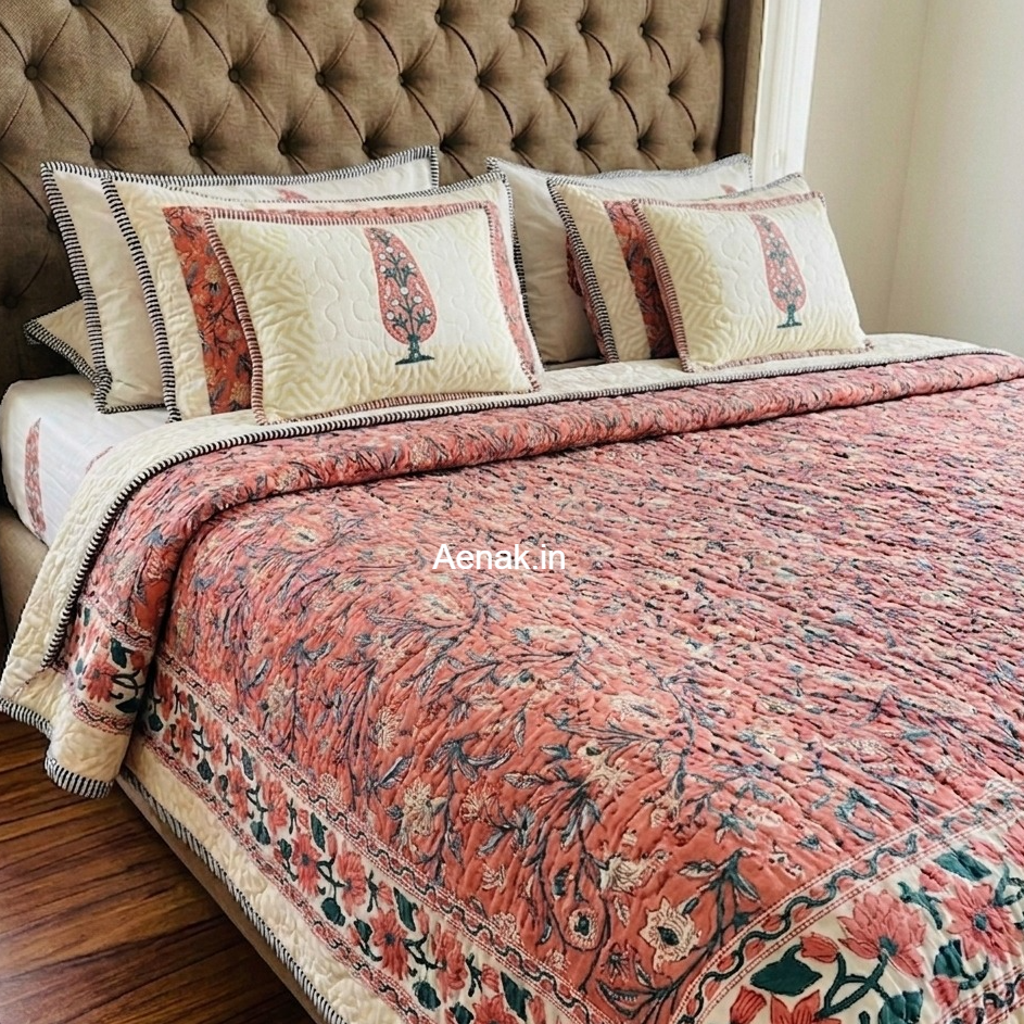 Dark Peach Handblock Reversible Quilted Cotton Bedcover Set