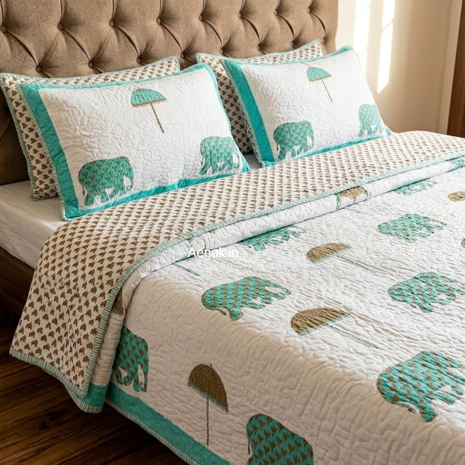 Blue Elephant Handblock Reversible Quilted Bedcover Set