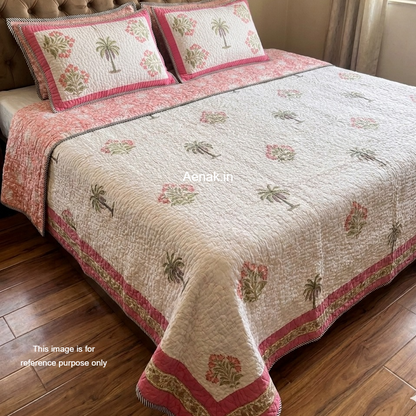 Pink Royal Palm Handblock Reversible Quilted Cotton Bedcover