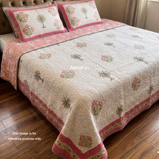 Pink Royal Palm Handblock Reversible Quilted Cotton Bedcover
