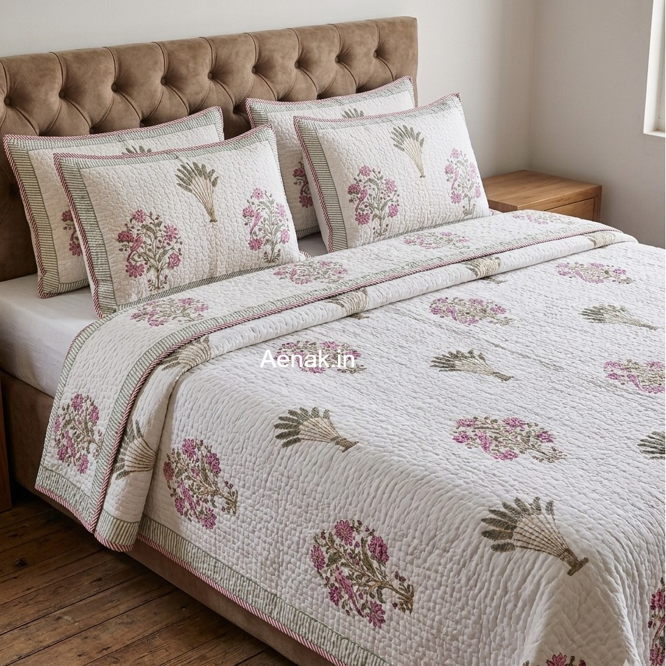 Purple Sparrow Pani Jaal Handblock Printed Reversible Quilted Cotton Bedcover