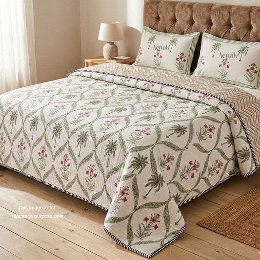 Green Palm Handblock Bedsheet + Quilted Bedcover Combo Set