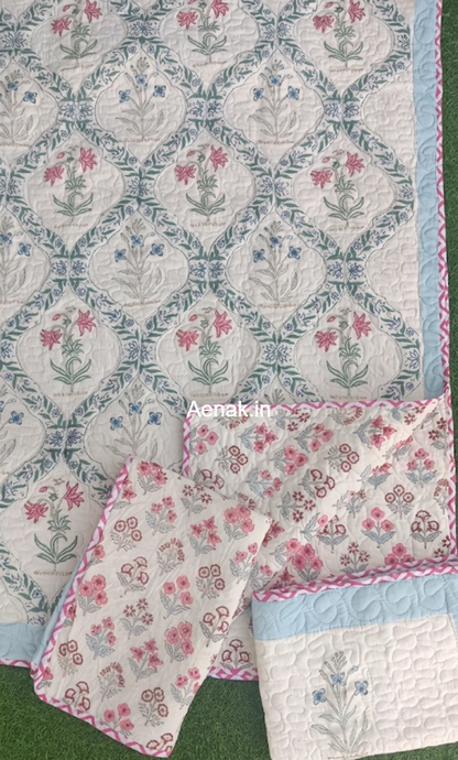 Blue Red Floral Jaal Handblock Reversible Quilted Cotton Bedcover Set