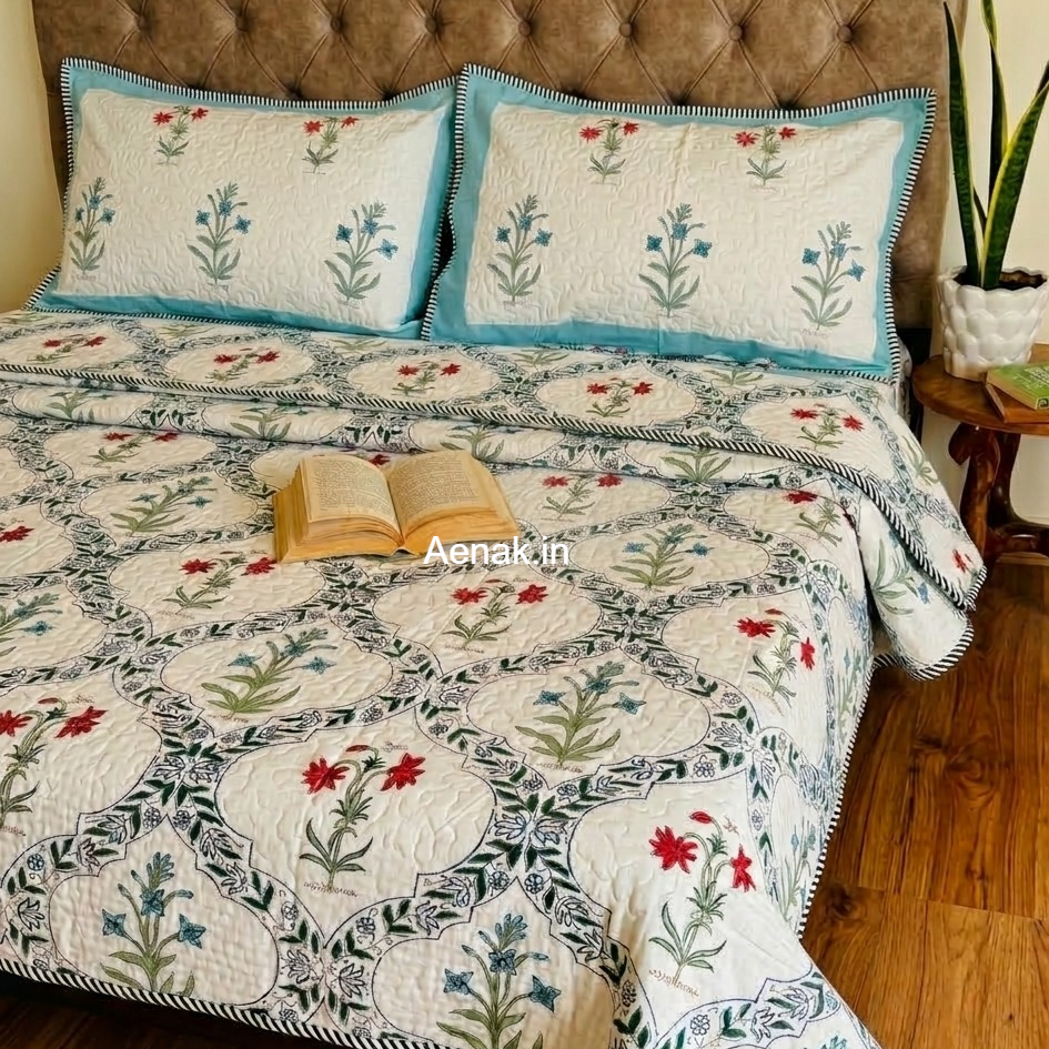 Blue Red Floral Jaal Handblock Reversible Quilted Cotton Bedcover Set