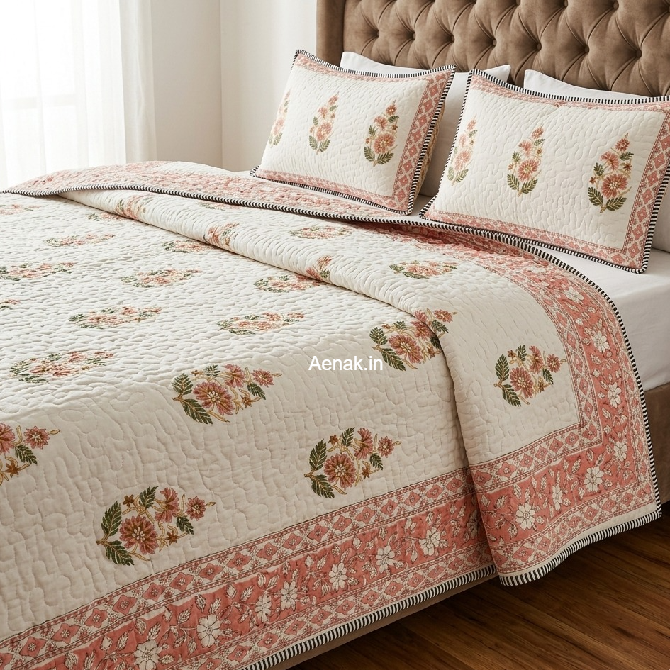 Peach Phool Boota Handblock Reversible Quilted Bedcover Set
