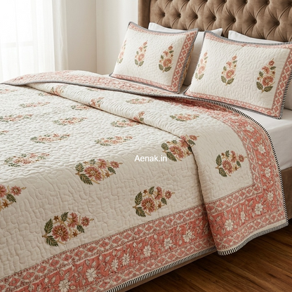 Peach Phool Boota Handblock Reversible Quilted Bedcover Set