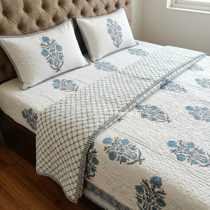 Teal Blue Handblock Bedsheet + Quilted Bedcover Combo Set