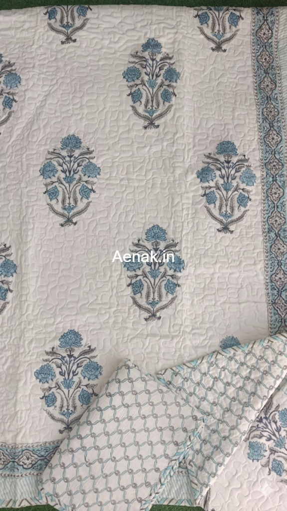 Teal Blue Handblock Bedsheet + Quilted Bedcover Combo Set