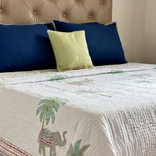 Grey Elephant Handblock Bedsheet + Quilt Combo Set