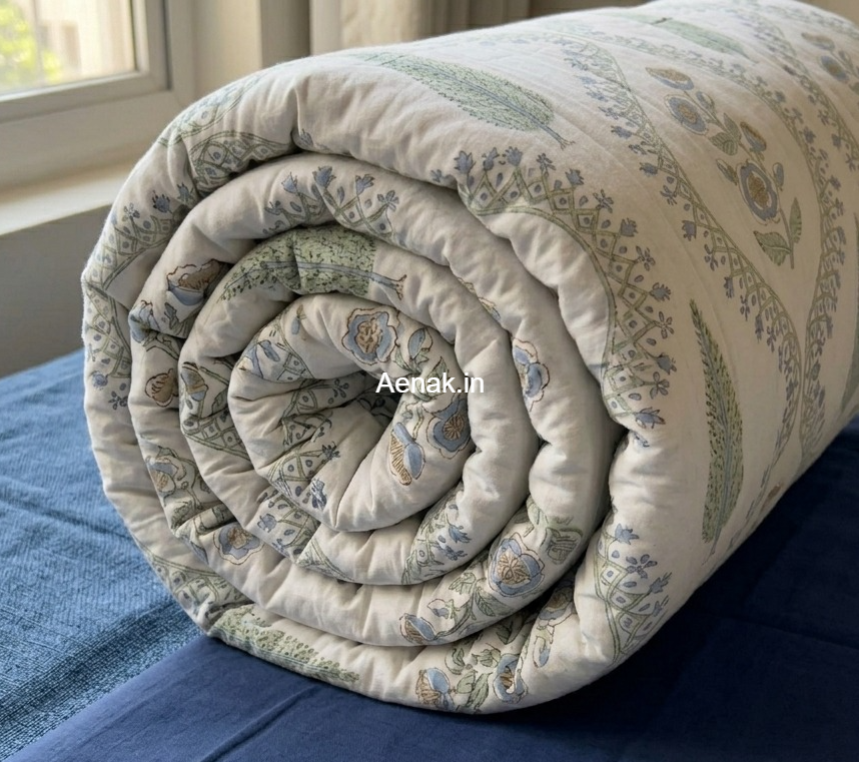 Blue Periwinkle Jaal Handblock Bedsheet + Quilt Combo Set