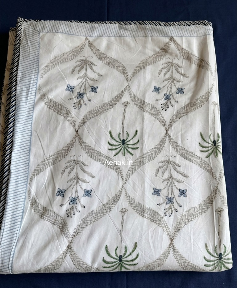 Blue Floral Palm Jaal Handblock Bedsheet + Dohar Combo Set