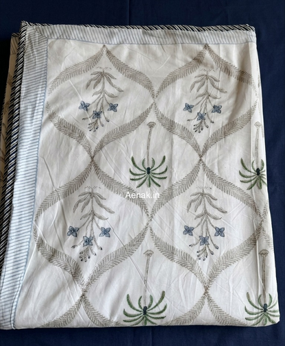 Blue Floral Palm Jaal Handblock Bedsheet + Dohar Combo Set
