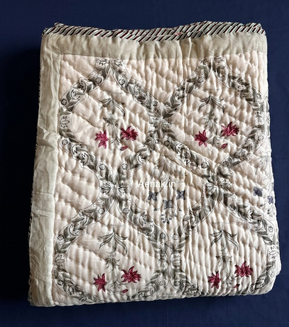 Pink Blue Floral Jaal Handblock Reversible Mulmul Cotton Quilt