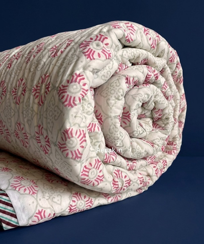 Pink Blue Floral Jaal Handblock Reversible Mulmul Cotton Quilt