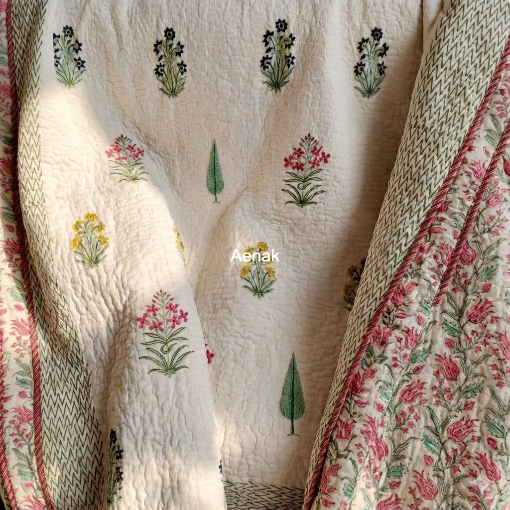 Madhumati Handblock Printed Reversible Quilted Bedcover Set -105 x108