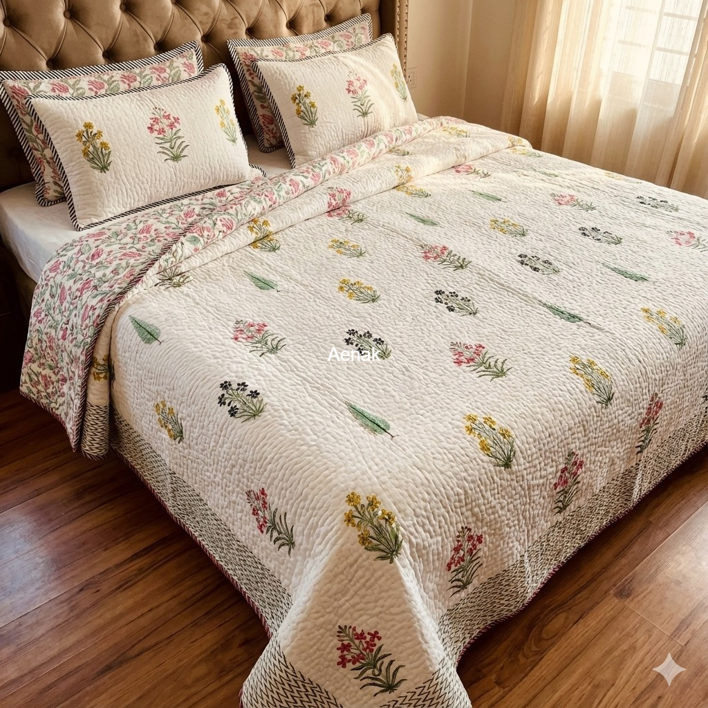 Madhumati Handblock Printed Reversible Quilted Bedcover Set -105 x108