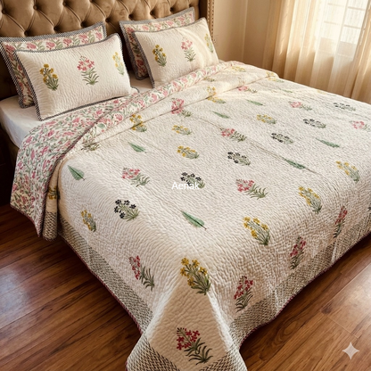 Madhumati Handblock Printed Reversible Quilted Bedcover Set -105 x108