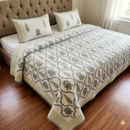 Blue Green Cypress Jaal Handblock Printed Reversible Quilted Cotton Bedcover Set - 105x108