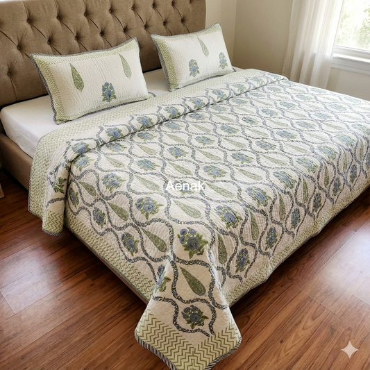 Blue Green Cypress Jaal Handblock Printed Reversible Quilted Cotton Bedcover Set - 105x108