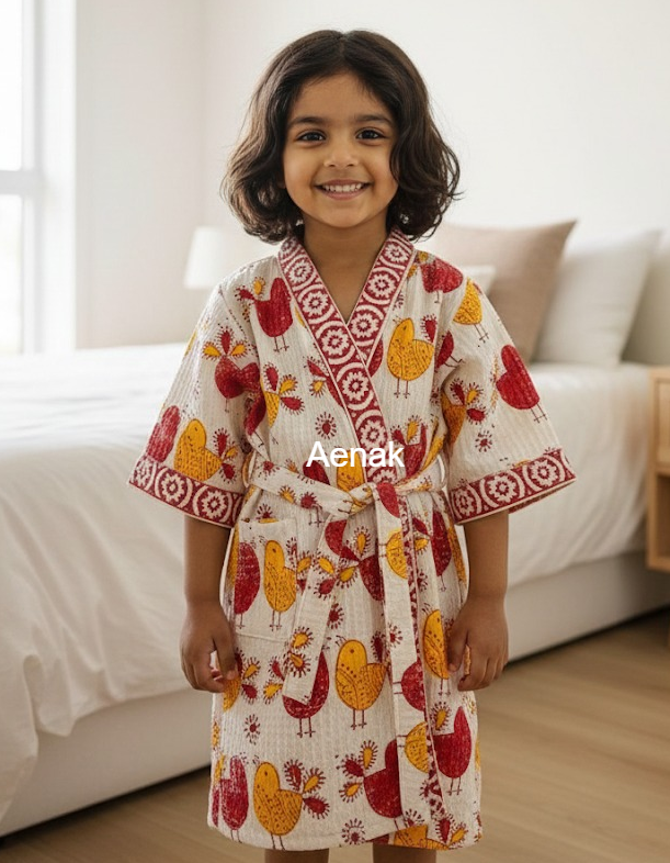 Orange & Red Sparrow Handblock Cotton Bathrobe