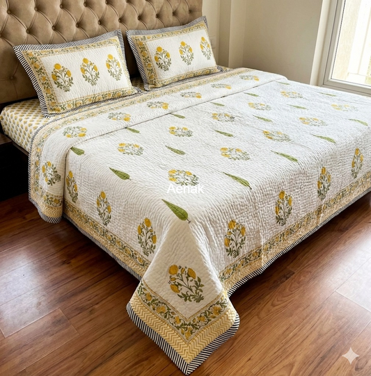 Yellow Marigold Handblock Printed Reversible Quilted Bedcover Set -105 x108