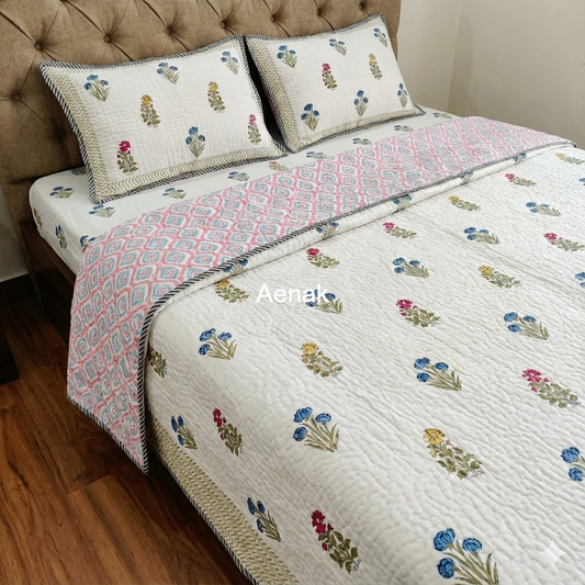 Floral Guldasta Handblock Printed Reversible Quilted Bedcover Set -105 x108