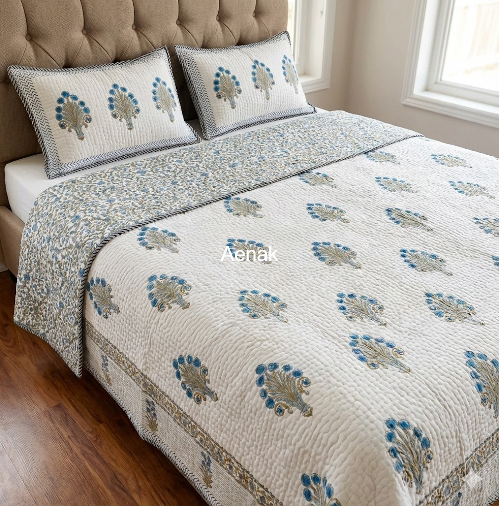 Blue Phool Guldasta Handblock Printed Reversible Quilted Bedcover Set -105 x108