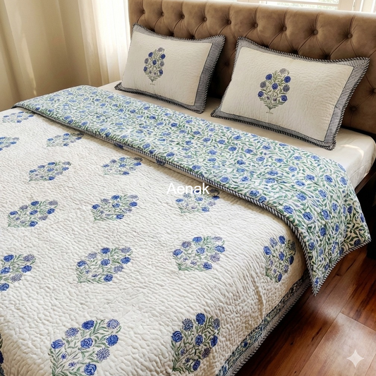 Blue Floral Garden Handblock Printed Reversible Quilted Bedcover Set -105 x108