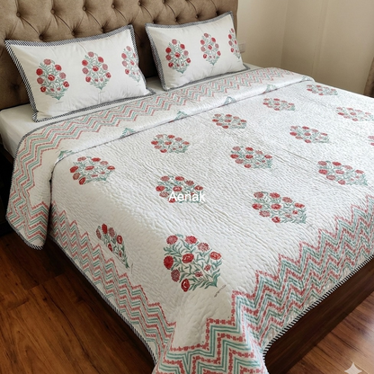 Red Phool Guldasta Handblock Printed Reversible Quilted Bedcover Set -105 x108