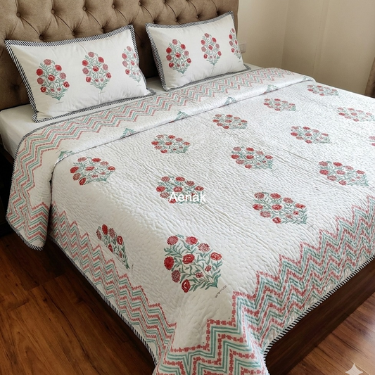 Red Phool Guldasta Handblock Printed Reversible Quilted Bedcover Set -105 x108