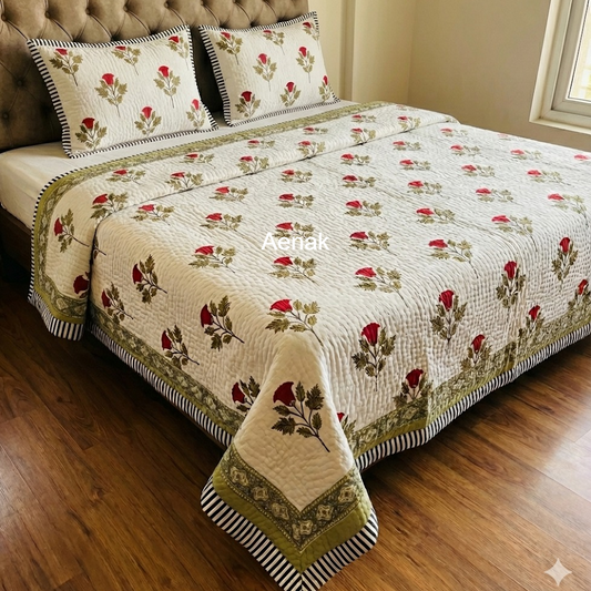 Rust Phool Boota Handblock Printed Reversible Quilted Bedcover Set -105 x108