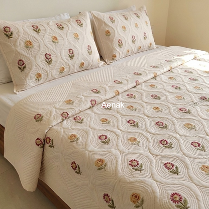Embossed Rose Handblock Quilted Cotton Bedcover- 105x108