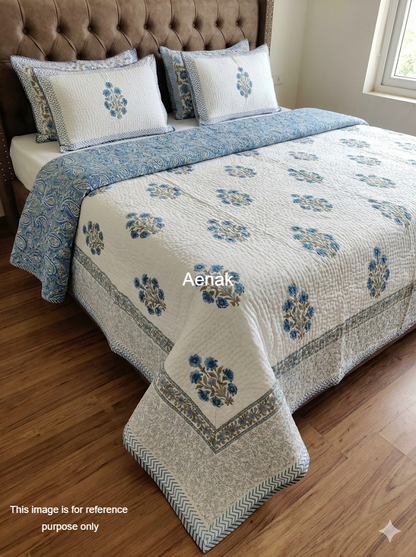 Blue Phool Boota Handblock Printed Reversible Quilted Cotton Bedcover- 105x108