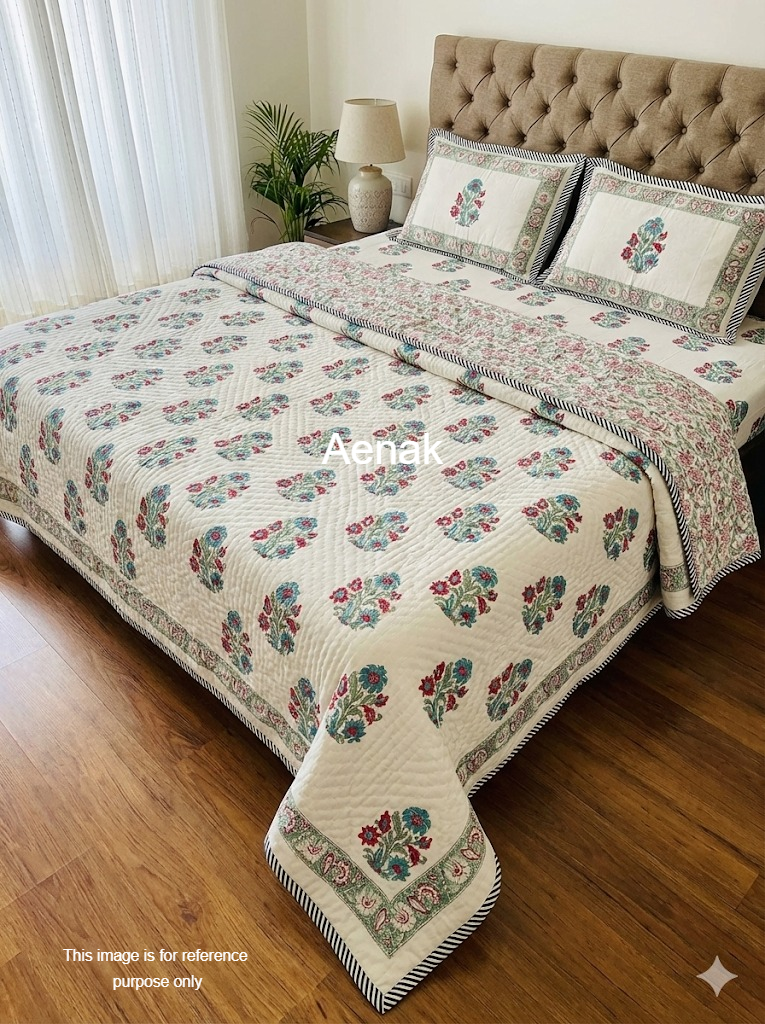 Dark Pink Boota Handblock Reversible Mulmul Cotton Single Quilt