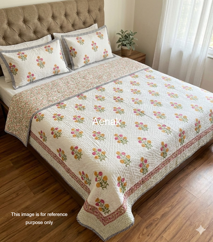 Pink Yellow Floral Boota Handblock Reversible Mulmul Cotton Single Quilt