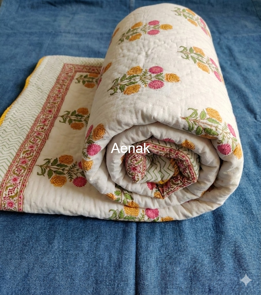 Pink Yellow Floral Boota Handblock Reversible Mulmul Cotton Single Quilt