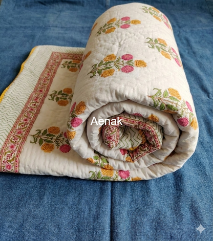 Pink Yellow Floral Boota Handblock Reversible Mulmul Cotton Single Quilt