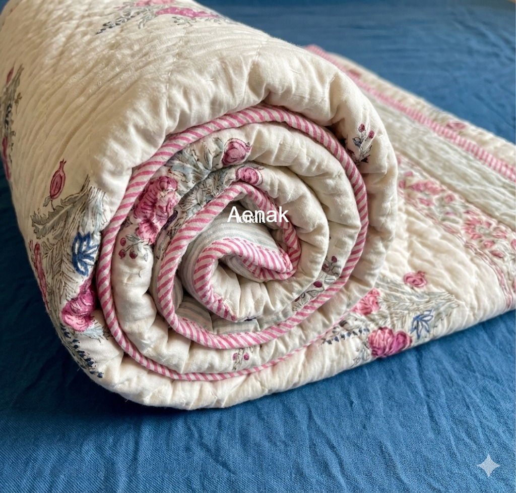 Burgundy Anaar Handblock Reversible Mulmul Cotton Quilt