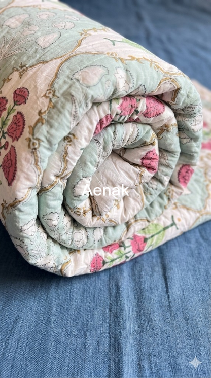 Green & Pink Dahlia Handblock Reversible Mulmul Cotton Quilt