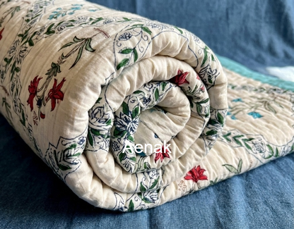 Red Blue Floral Jaal Handblock Reversible Mulmul Cotton Quilt