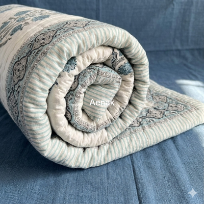 Teal Blue Dahlia Handblock Reversible Mulmul Cotton Quilt