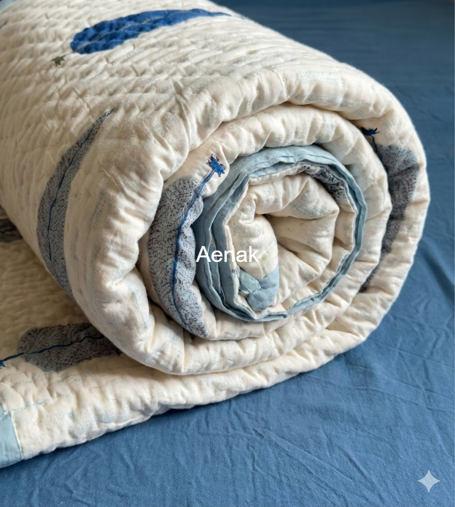 Blue Cypress Handblock Reversible Mulmul Cotton Quilt