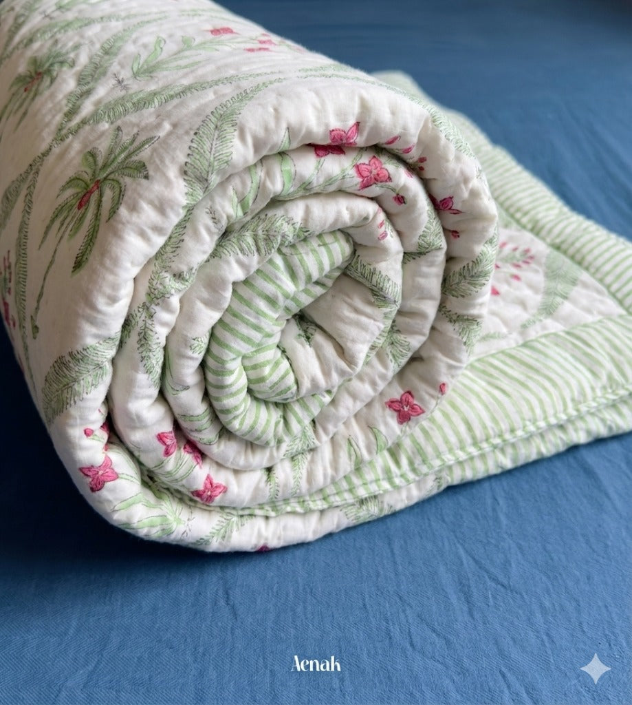 Green Palm Handblock Reversible Mulmul Cotton Quilt