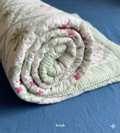 Green Palm Handblock Reversible Mulmul Cotton Quilt