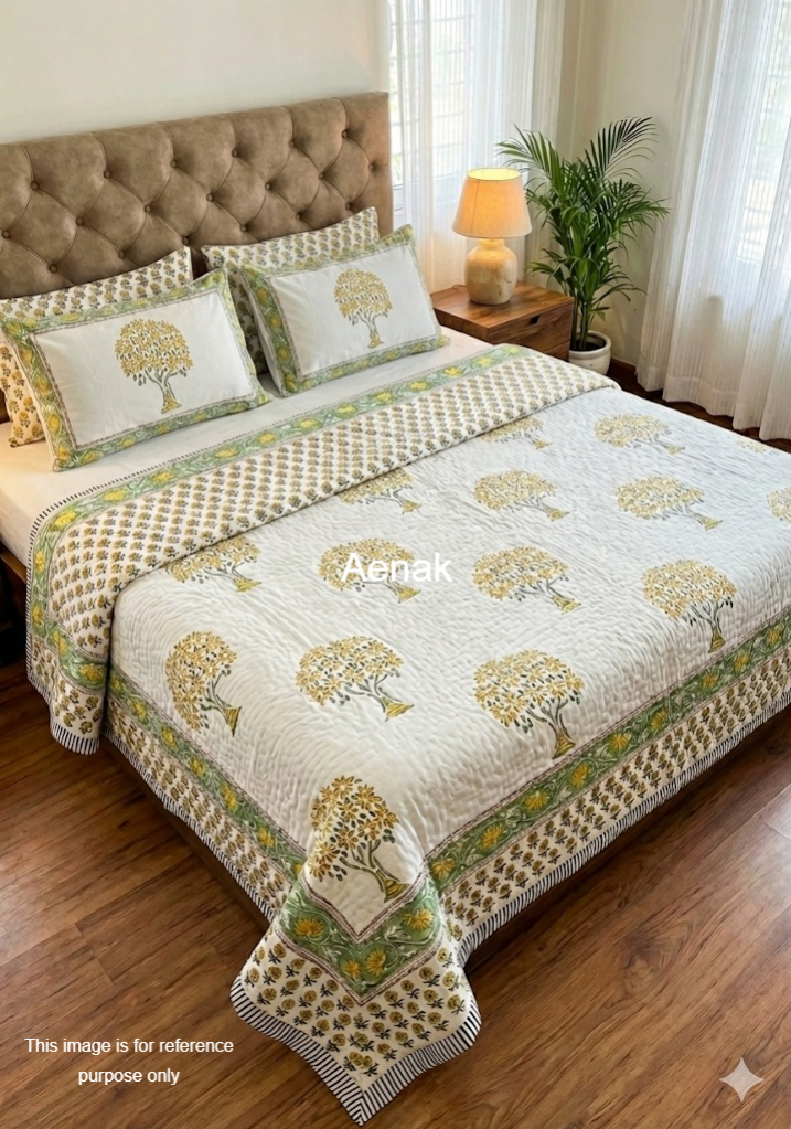 Yellow Bodhi Tree Handblock Reversible Mulmul Cotton Quilt