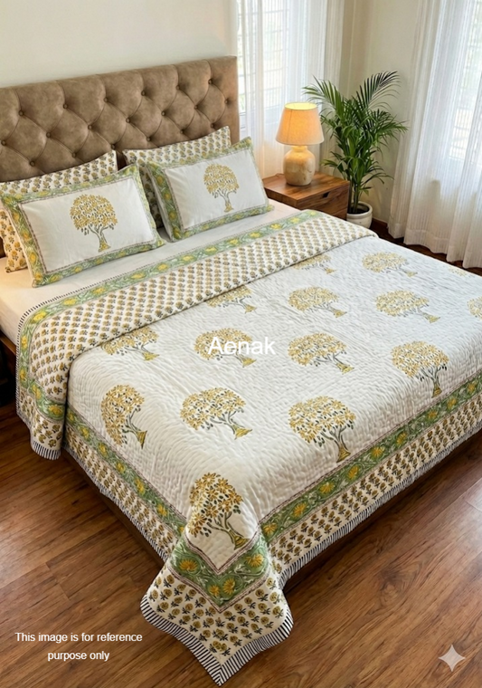 Yellow Bodhi Tree Handblock Reversible Mulmul Cotton Quilt